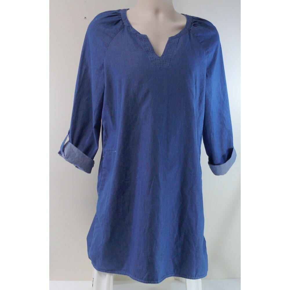 New Directions denim / jean fabric sheath Dress tunic v-neck pockets LARGE